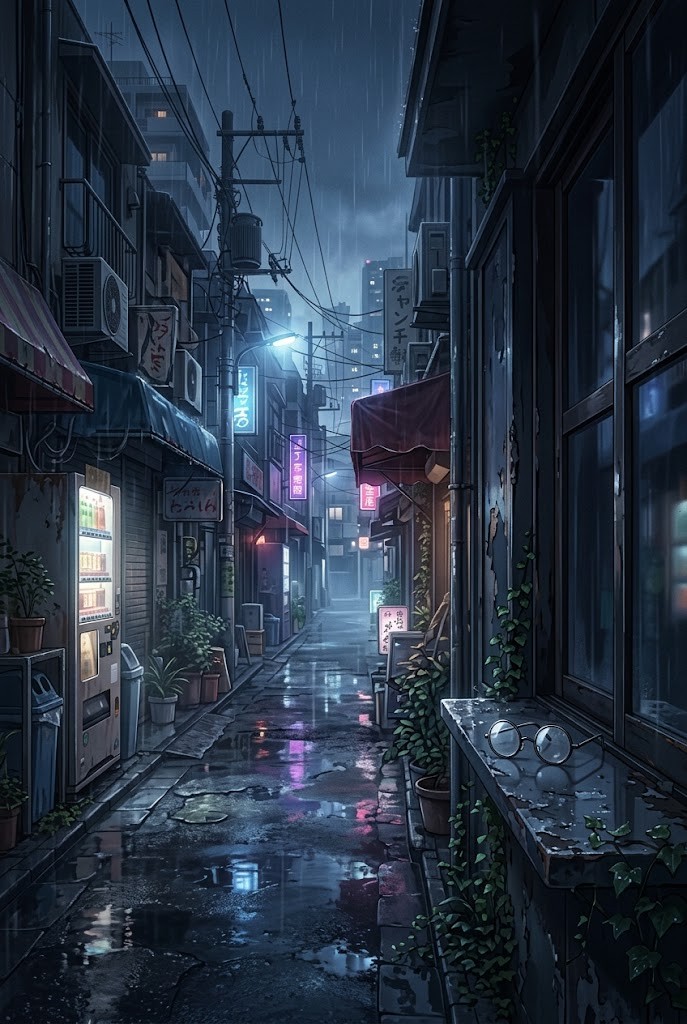 Tokyo alleyway night rain neon sign glasses windowsill anime wallpaper
